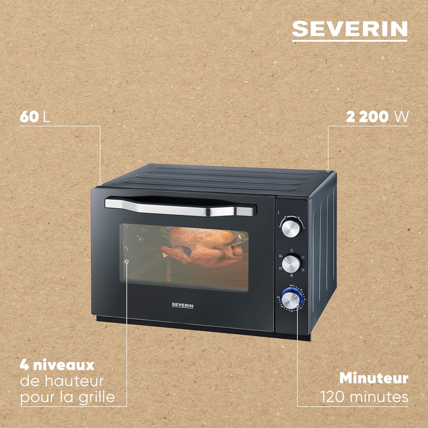SEVERIN Four posable XXL à Chaleur Tournante 60 L avec pierre à pizza et tournebroche 2 200 W design simple et élégant, Four électrique avec minuteur 120 min, Noir/Inox, TO 2073