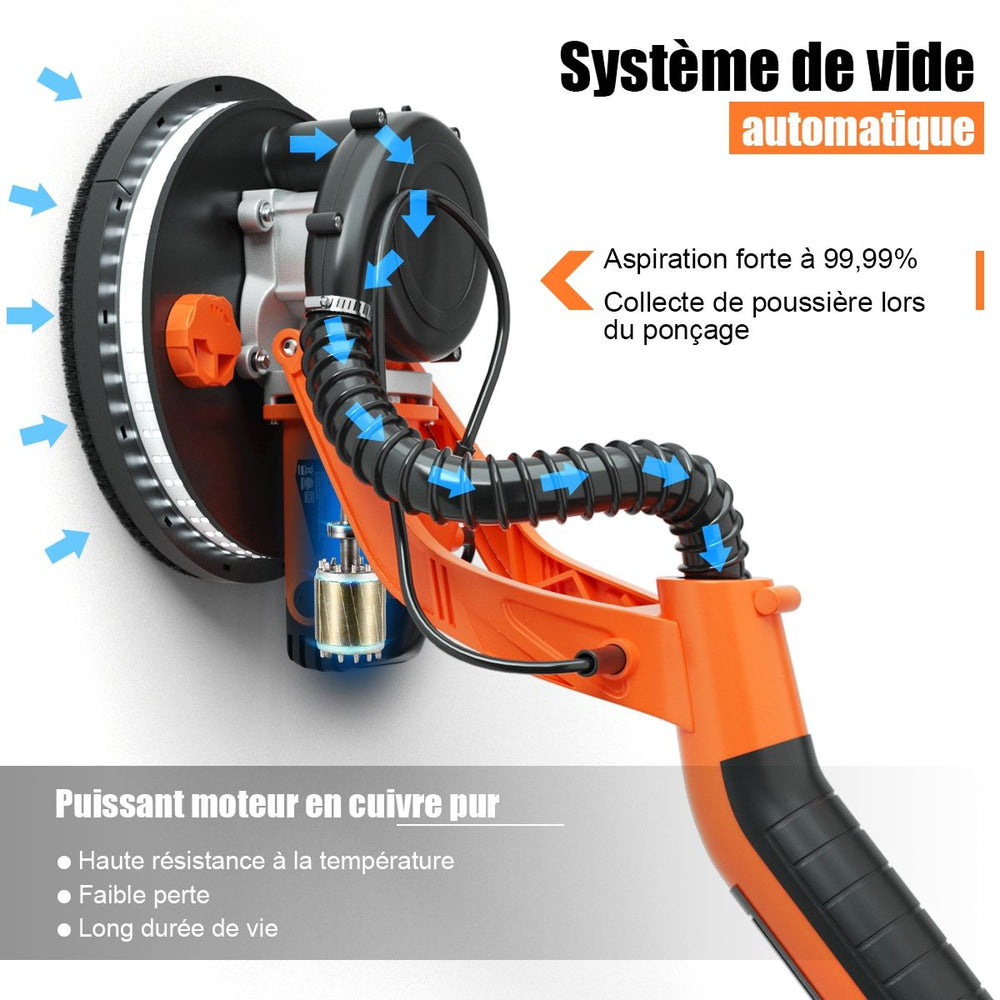 Ponceuse de Plaque de Plâtre 750W avec Lumière LED 6 Vitesses Variables 800-1750 tr/min -