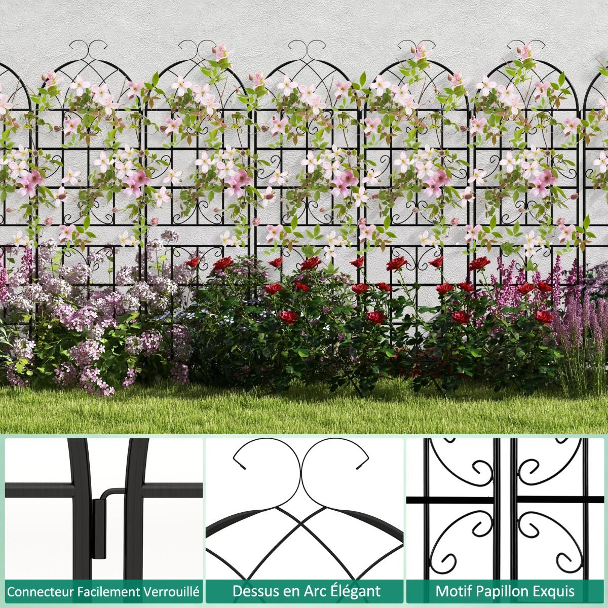 Lot de 4 Treillis de Jardin en Métal 180 x 50 cm Clôture Décorative pour Plante Grimpante Grille Fleurs Antirouille pour Jardin Cour Patio Noir -