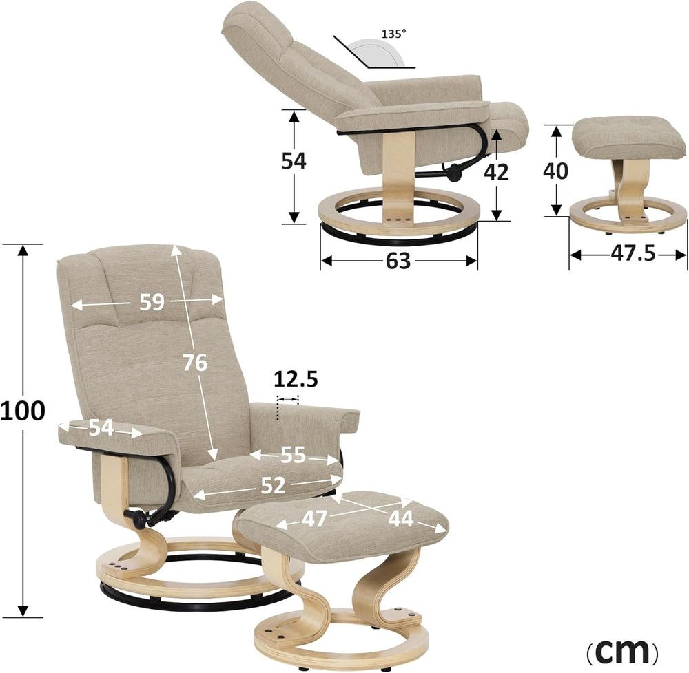 M MCombo Fauteuil Relax avec Pouf, Fauteuil TV pivotant à 360° avec Fonction Chaise Longue, Fauteuil TV supportant jusqu'à 120 Kg, Fauteuil de Repos pour Le Salon, 9019 (Tissu, Beige)