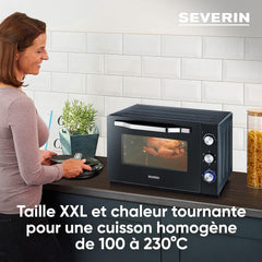 SEVERIN Four posable XXL à Chaleur Tournante 60 L avec pierre à pizza et tournebroche 2 200 W design simple et élégant, Four électrique avec minuteur 120 min, Noir/Inox, TO 2073