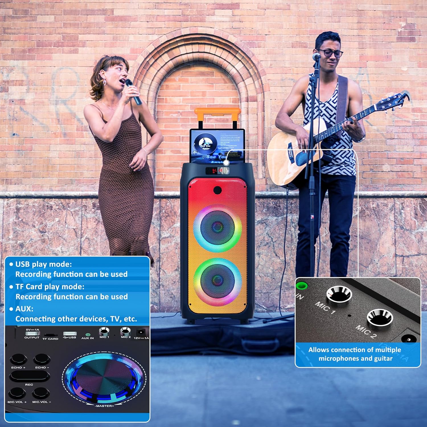 JYX Machine Karaoké pour Adultes, Enceinte Karaoké Bluetooth Portable avec 2 Microphones sans Fil, Party Box Idéale pour Les réunions de Famille/Le Camping en Plein Air