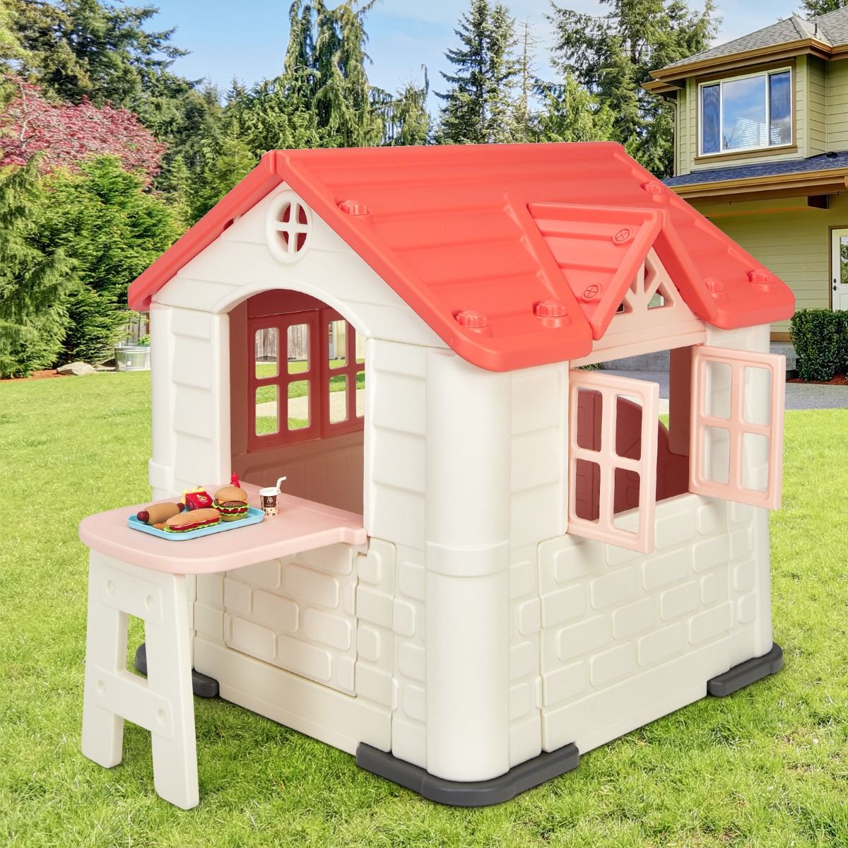Maison Chef House -Thme Burger Bar - Table de Pique Nique Cabane de Jardin Anti-UV en Plastique 164x124x132 cm Bleu/Rose/Jaune -