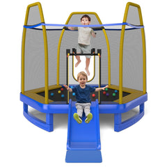 Trampoline Extérieur Ø 223cm avec Toboggan&Echelle avec Filet de Sécurité 2 Portes en U Charge 270kg pour 2-3 Enfants de 3 Ans+ Bleu/Vert -