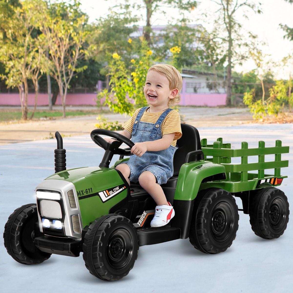 Tracteur Electrique avec Remorque pour Enfants 3 Vitesses Lumires LED Fonctions o USB et Bluetooth Jaune/Rose/Rouge/Vert/Vert Fonc/Noir -