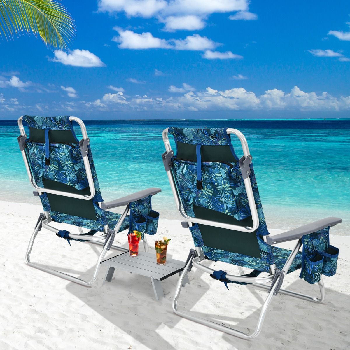 Lot de 2 Chaises de Camping Plage Pliante Table Enroulable en Aluminium Appui-tête Dossier Réglable à 5 Positions 6 Couleurs au Choix -