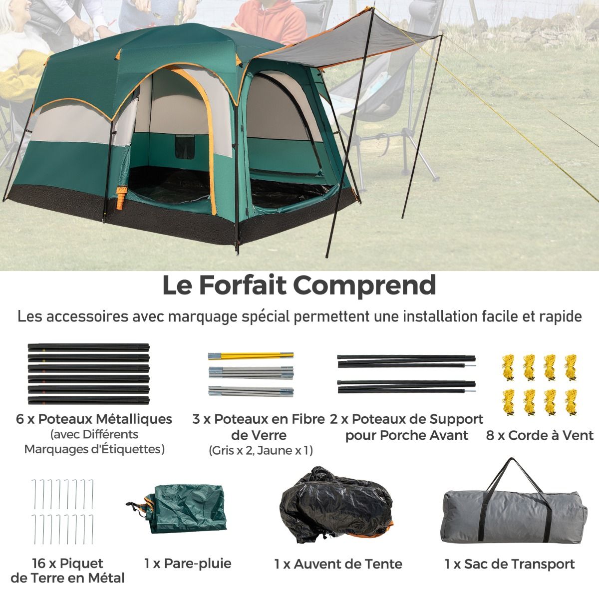 Tente de Camping pour 6 Personnes avec 2 Pièces Tente Double Couchage Double Toit Bâche en Pe Fenêtres en Maille Imperméable avec Sac de Transport Vert -