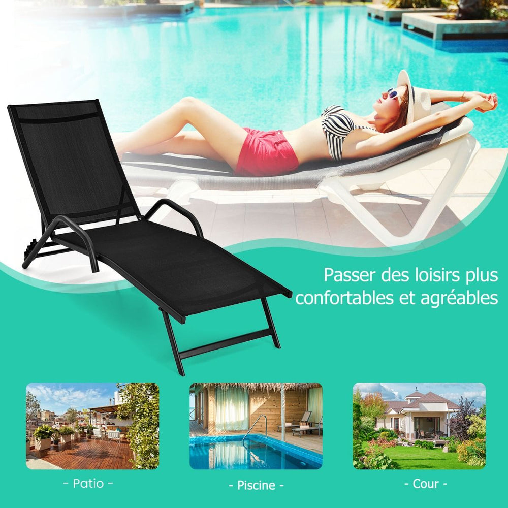 Lot de 2 Bains de Soleil Inclinables d'Extrieur avec Accoudoirs et Dossier Rglable  5 Positions Charge 160 kg Noir -