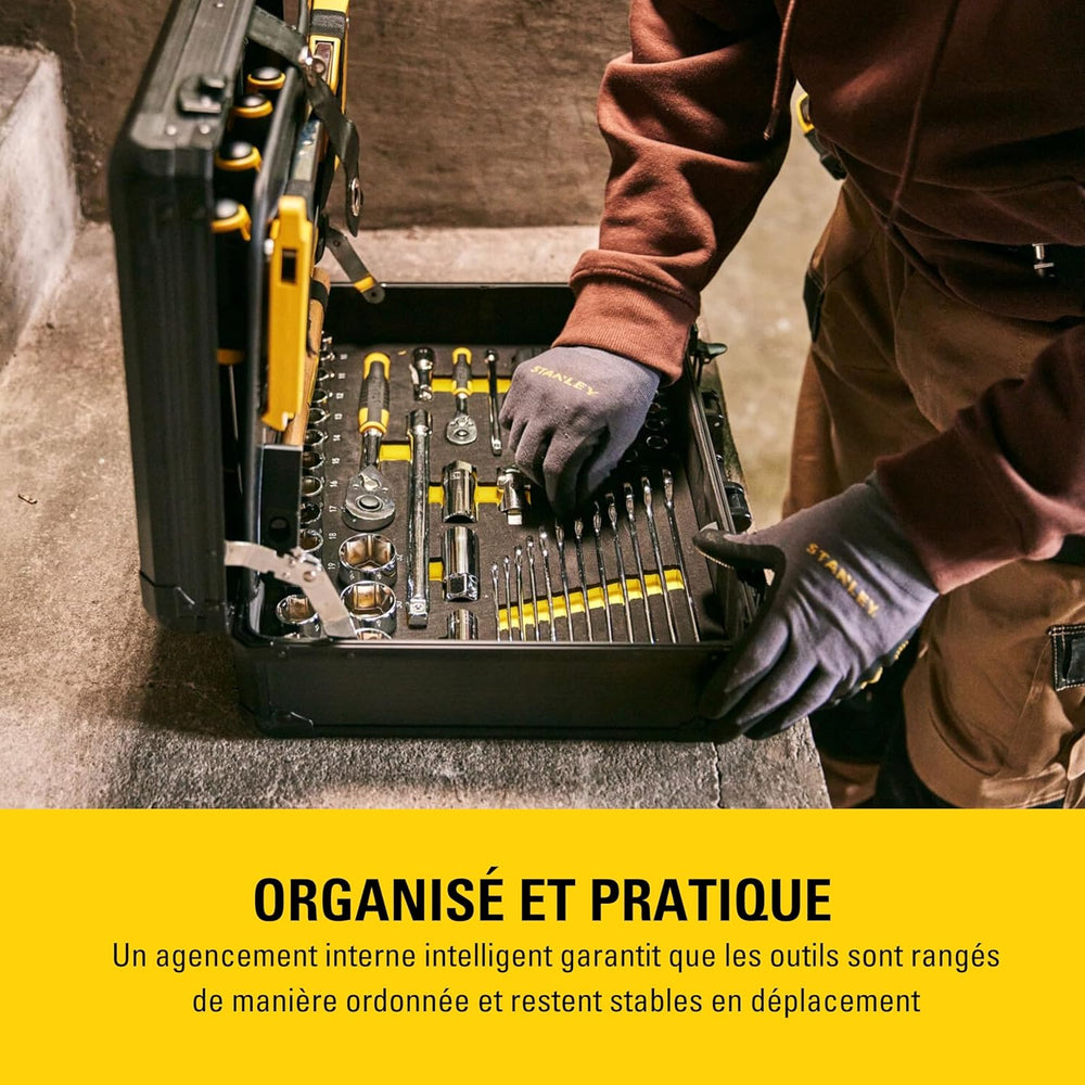 STANLEY Valise de Maintenance 142 Pièces - Pinces et Coupe-Touts, Clé à Molette, Niveau, Mesure, Tournevis, Scie à Métaux, Cutter, Marteau, Outils pour Serrage-Vissage STMT98109-1