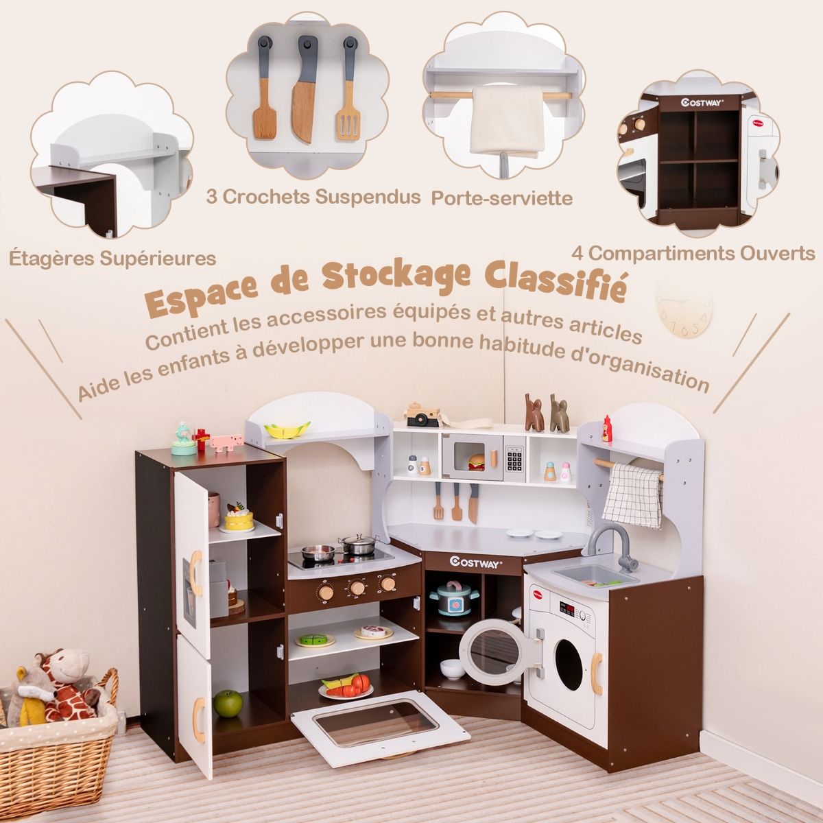 Jeu de Cuisine d'Angle pour Enfants de 3 Ans et Plus en Bois Machine  Glaons Porte-serviettes Accessoires Effets Sonores et Lumineux -