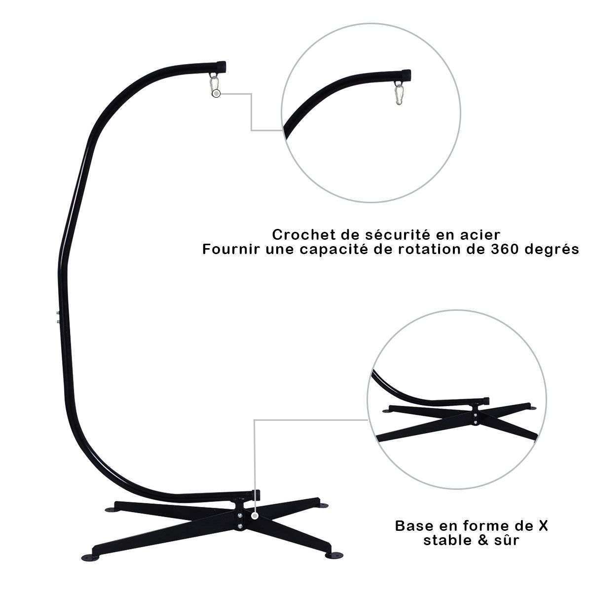 Support de hamac ou pour chaise suspendue Capacité 150 KG,en Fer de Haute Qualité,Moderne et stable,112x79x205,Noir -