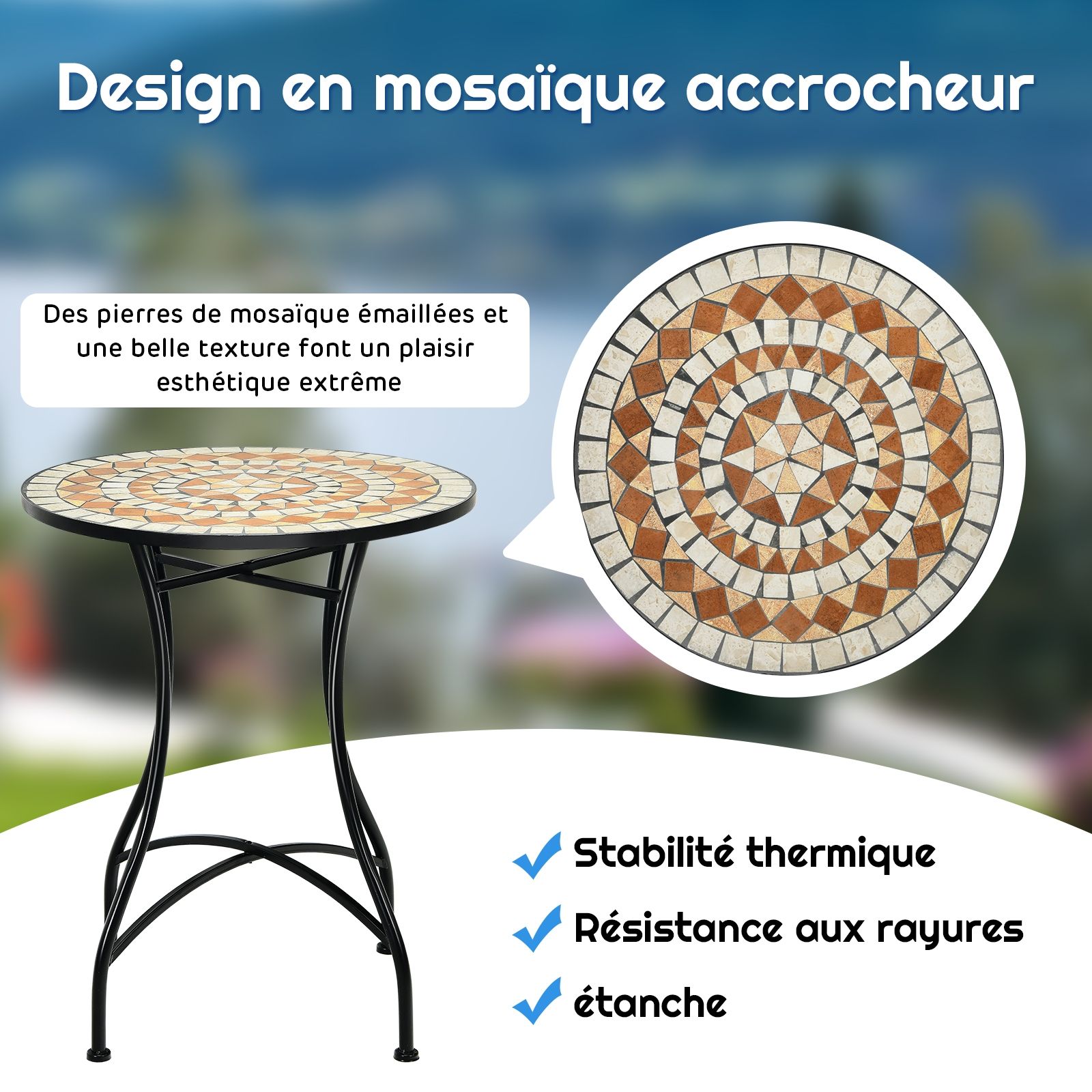 Table de Jardin Style Mosa茂que Cadre en Fer et Rev锚tement Antirouille pour 60 x 60 x 72 CM -