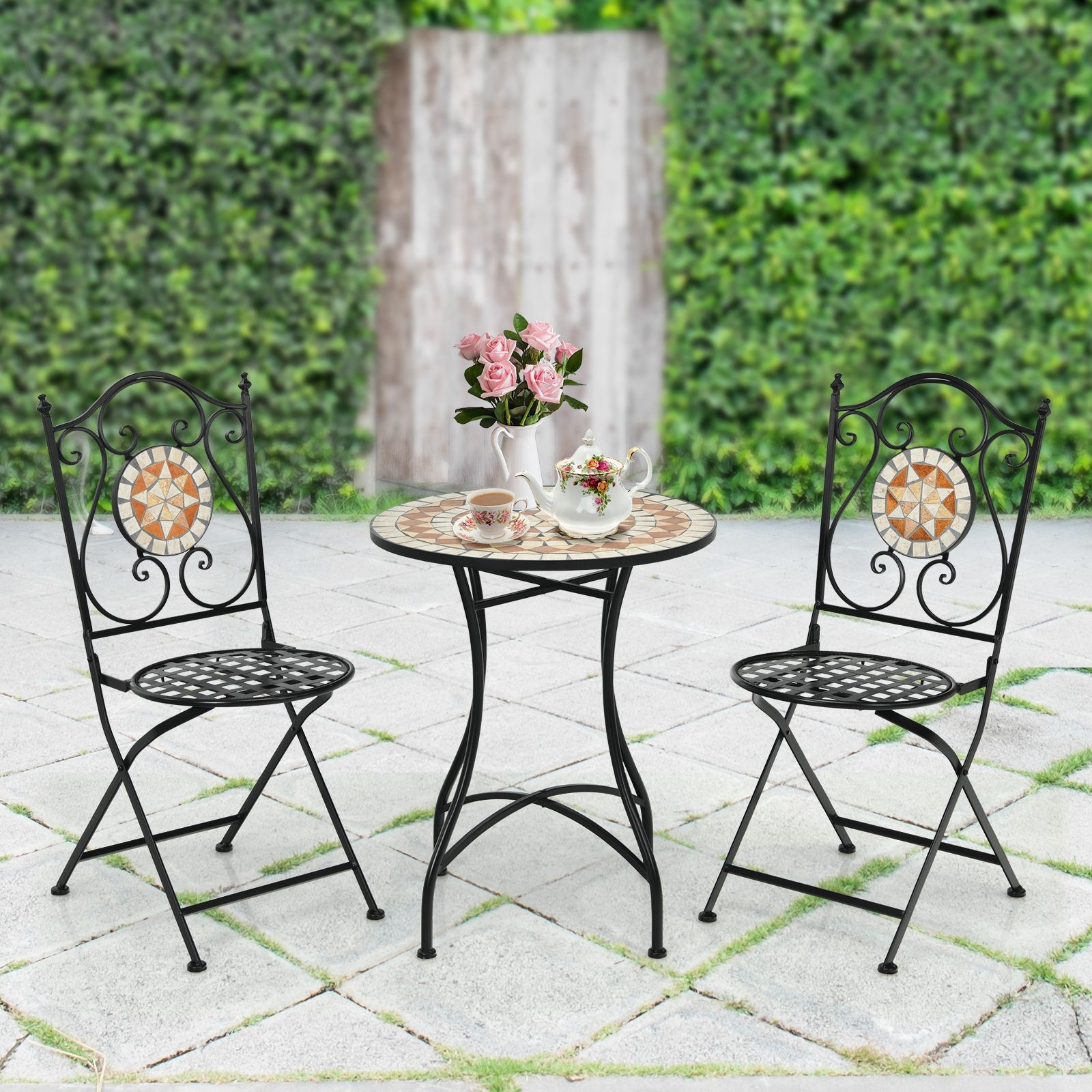 Table de Jardin Style Mosaïque Cadre en Fer et Revêtement Antirouille pour 60 x 60 x 72 CM -