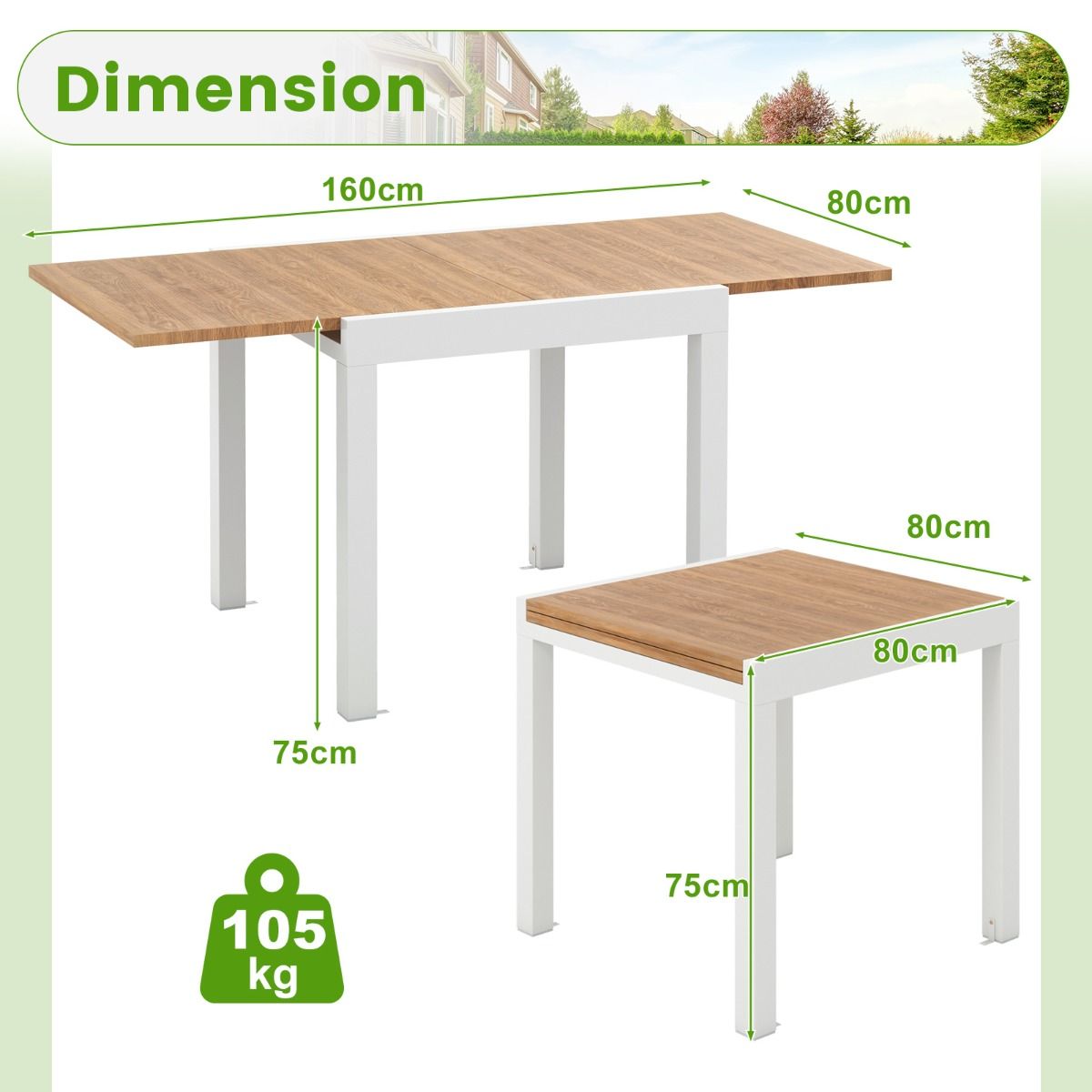 Table de Jardin Extensible en Aluminium Ajustable de 80 à 160 CM Table à Manger Rectangulaire pour 4-6 Personnes Gris/Naturel -