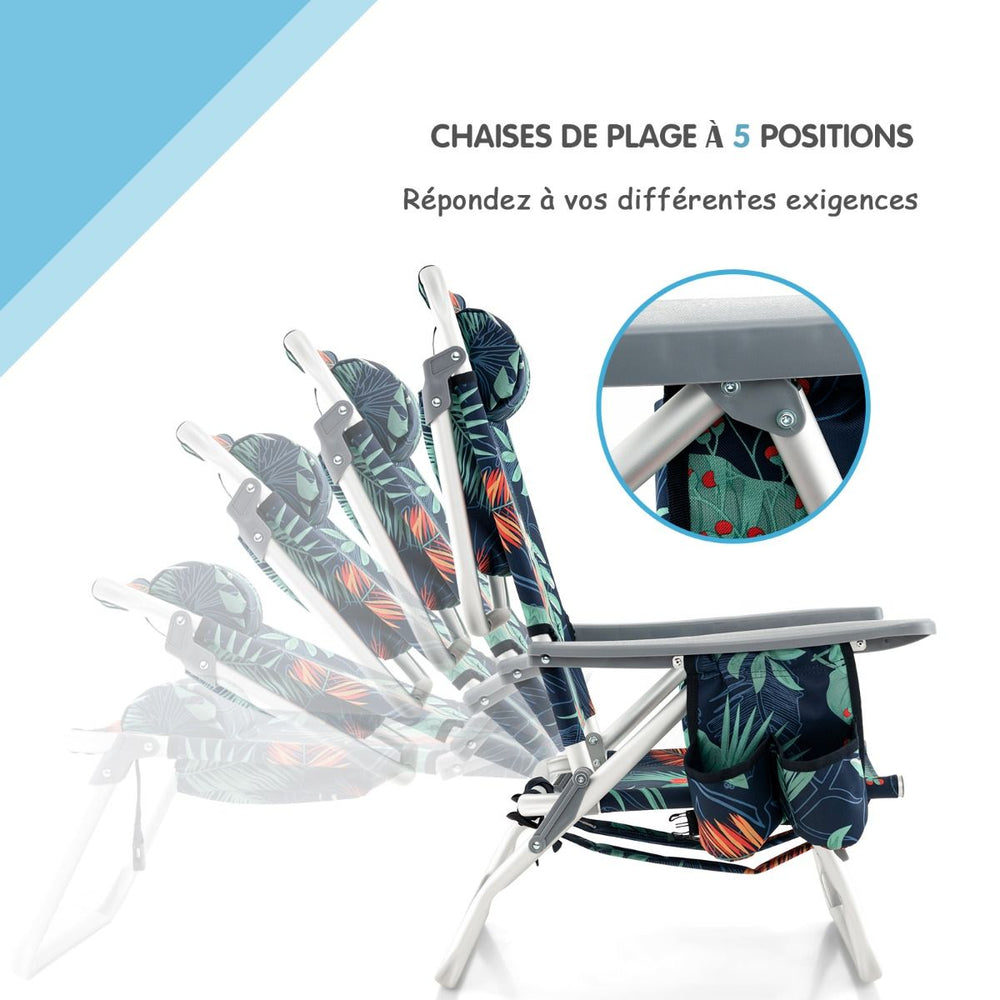 Lot de 2 Chaises de Camping Plage Pliante Table Enroulable en Aluminium Appui-tête Dossier Réglable à 5 Positions 6 Couleurs au Choix -