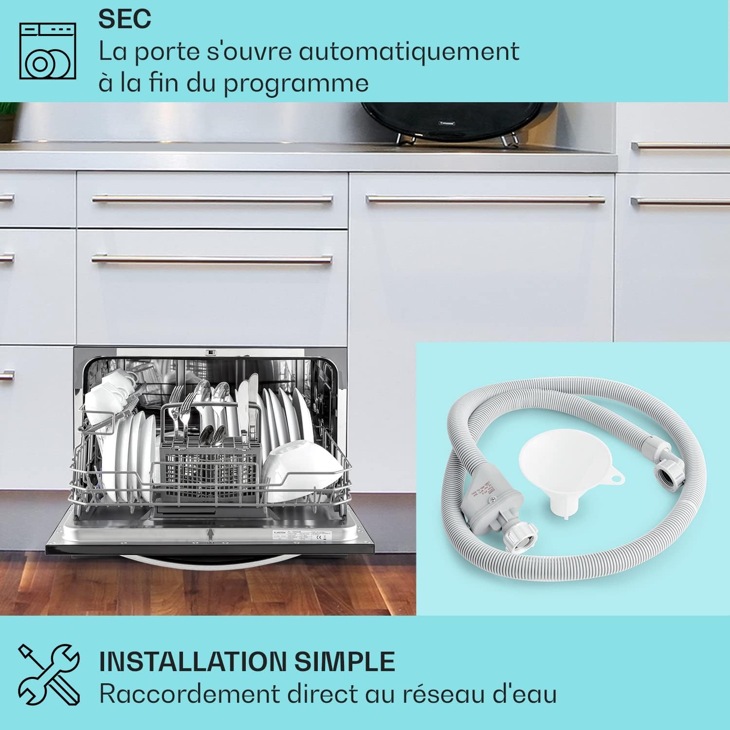 Mini Lave Vaisselle de Table de 8 Couvert,Silencieux,6 Programmes de Lavage,Portable,Facile à Installer pour la Maison et Bureau -