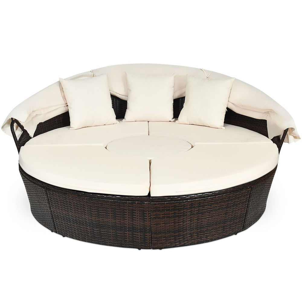 Lit de Jardin Rond d'Exterieur Table Relevable Modulable & Convertible - Pare Soleil Réglable rotin PE Coussins Inclus Beige -