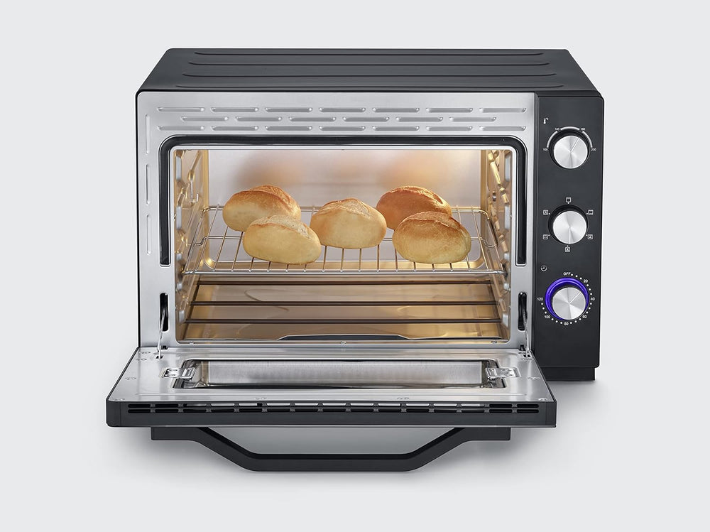 SEVERIN Four posable XXL à Chaleur Tournante 60 L avec pierre à pizza et tournebroche 2 200 W design simple et élégant, Four électrique avec minuteur 120 min, Noir/Inox, TO 2073