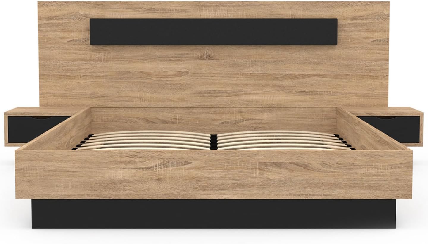 IDMarket - Lit Coffre Santa avec Tables de chevets intégrées et sommier 140x190cm Couleur Bois et Noir