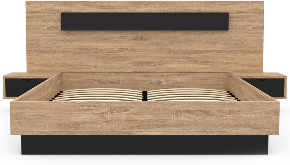 IDMarket - Lit Coffre Santa avec Tables de chevets intégrées et sommier 140x190cm Couleur Bois et Noir