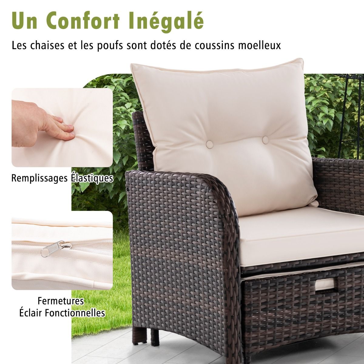 Meubles de Patio 5 Pices Ensemble de Canap d'Extrieur en Rotin avec 2 Chaises 2 Poufs et 1 Table Basse Coussins Doux Plateau en Verre Tremp Beige -
