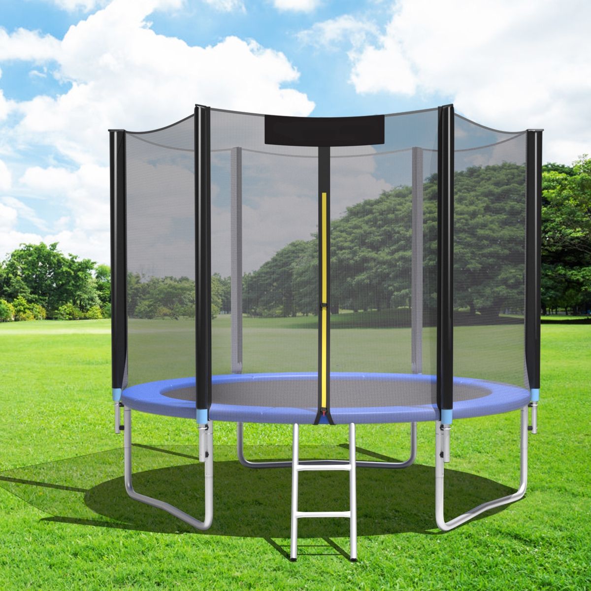 Trampoline de Jardin Ø 305cm avec Filet de Sécurité Porte Entrée Echelle Noir et Bleu -