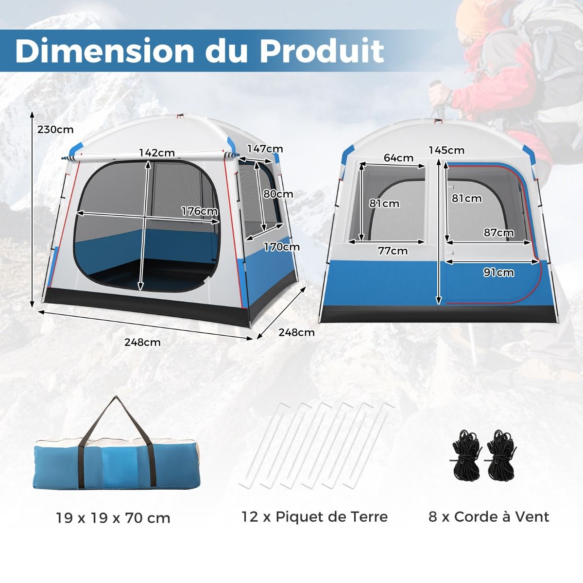 Tente de Camping pour 5 Personnes Tente D么me tanche avec Porte et Fen锚tres en Maille Sac de Transport 248x248x230cm Bleu + Blanc -