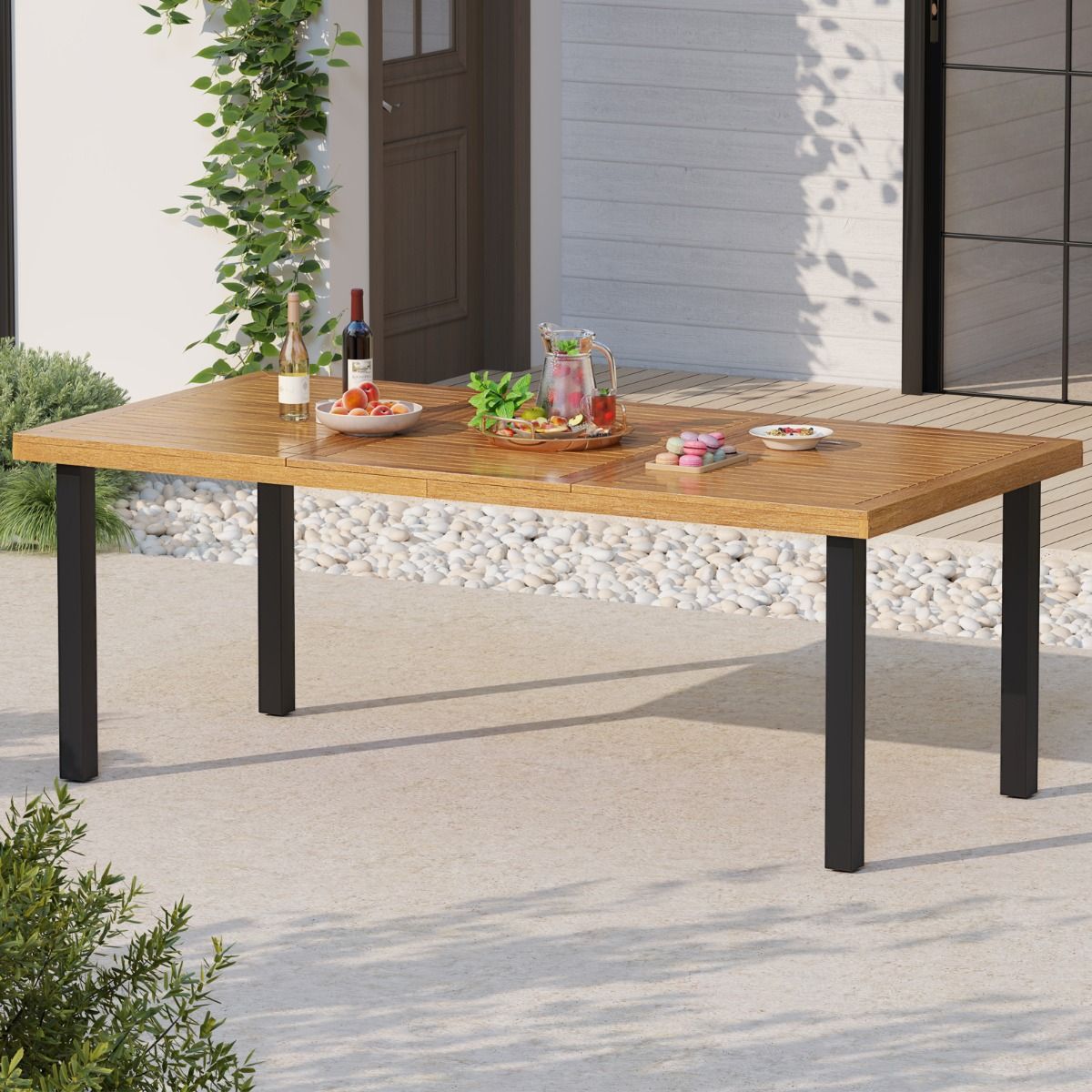 Table de Jardin 200 CM pour 8 Personnes Table Exterieur en Bois d’Acacia avec Trou de Parasol Dia.5 CM Design Latte Pieds en Métal -