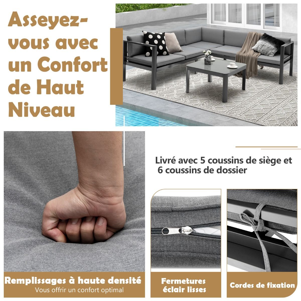 Salon de Jardin Extérieur avec Table Basse en Verre Trempé Canapéavec Dossier Inclinable à 6 Niveaux Coussins Inclus Gris -