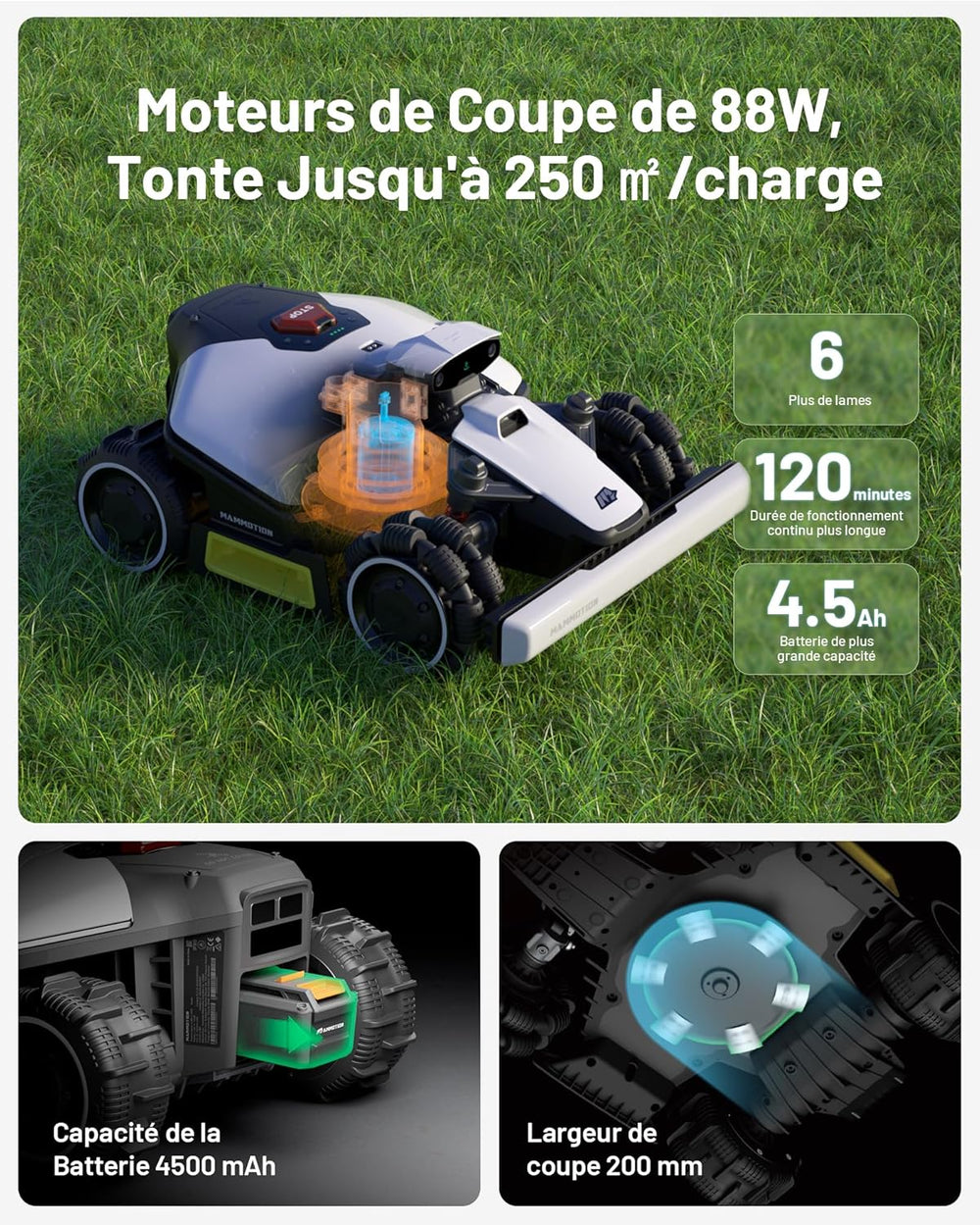 MAMMOTION LUBA Mini AWD 800 Robot Tondeuse sans Fil Périphérique, NetRTK+Vision, Aucune Antenne RTK Requise, Recommandé 800m², Max. 1000m², Pentes à 80%, avec Module 4G