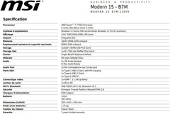 MSI Modern 15 B7M-220FR : AMD Ryzen 7 7730U - 16GB LPDDR4 - SSD 512GB - AMD Radeon™ Graphics - 15 6" Full HD - Windows 11 Famille - Clavier Azerty retroéclairé