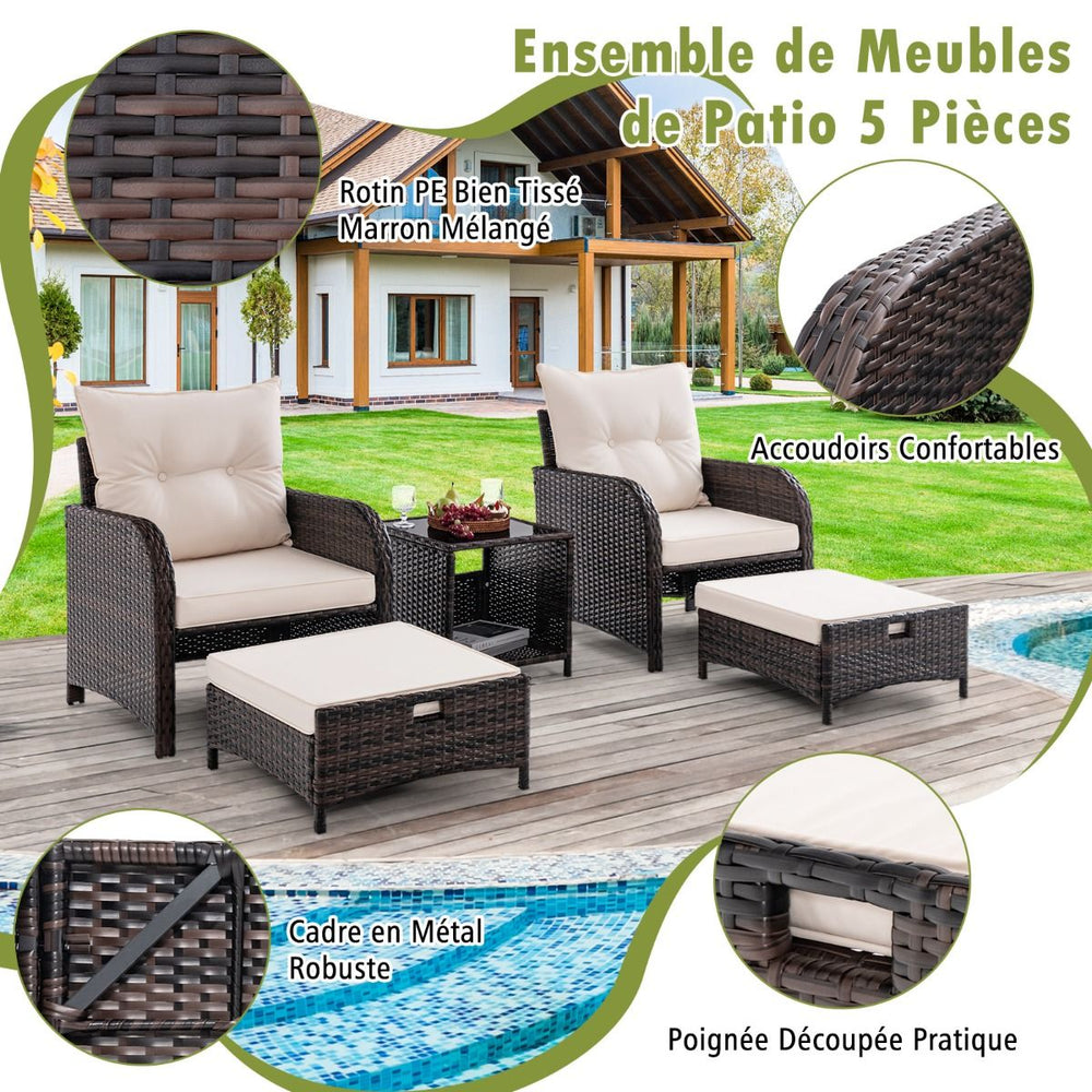 Meubles de Patio 5 Pices Ensemble de Canap d'Extrieur en Rotin avec 2 Chaises 2 Poufs et 1 Table Basse Coussins Doux Plateau en Verre Tremp Beige -
