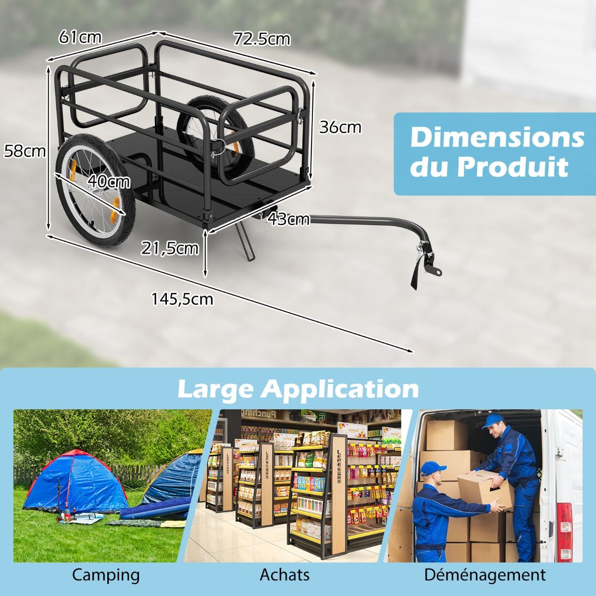 Remorque de Vlo avec Cadre Pliable Charge 55 kg Chariot pour Vlo avec Housse en Tissu Oxford Roues  Air de 40聽cm Rflecteurs Bleu -