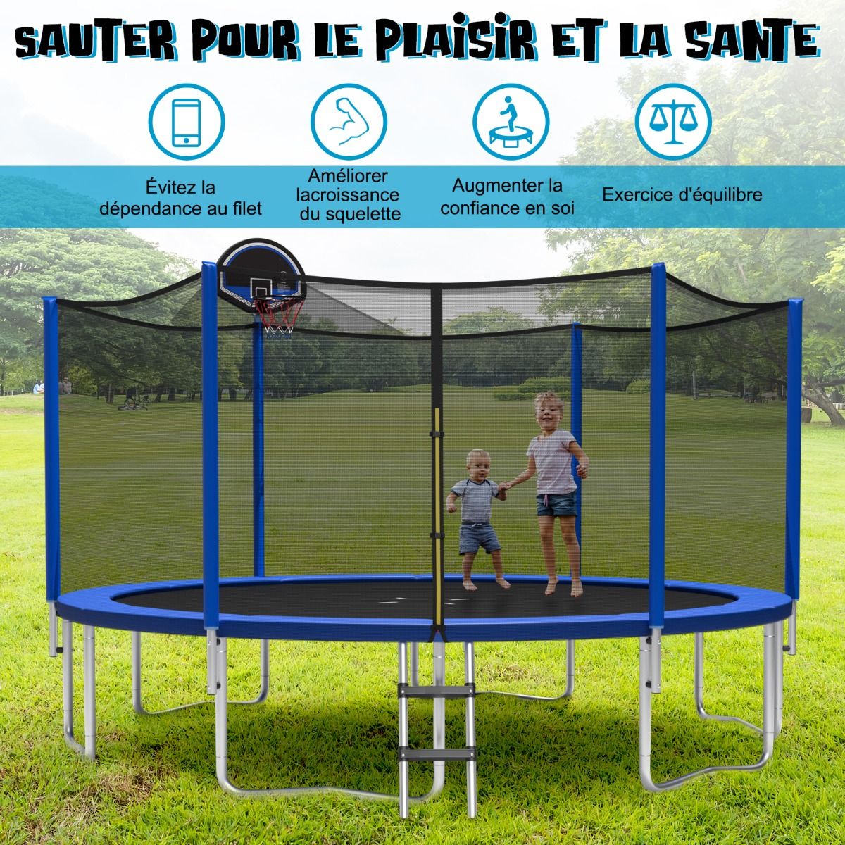 Trampoline d'Extérieur Ø366 cm Trampoline avec Panier de Basket Filet de Protection Trampoline pour Enfants et Adultes -
