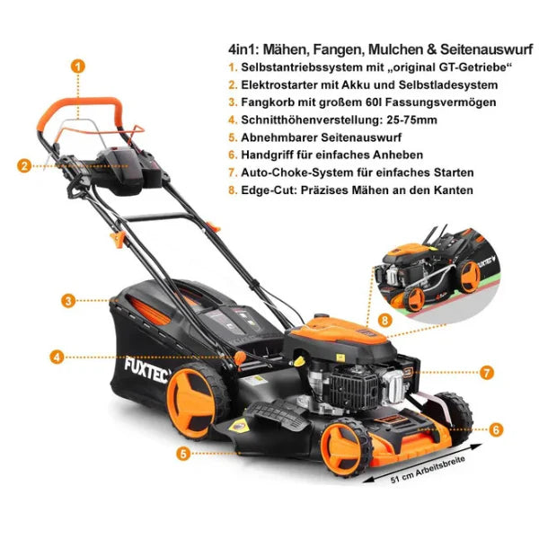 Tondeuse thermique autotracte dmarrage lectrique,196 cm,51 cm - 6 CV,60 L. -
