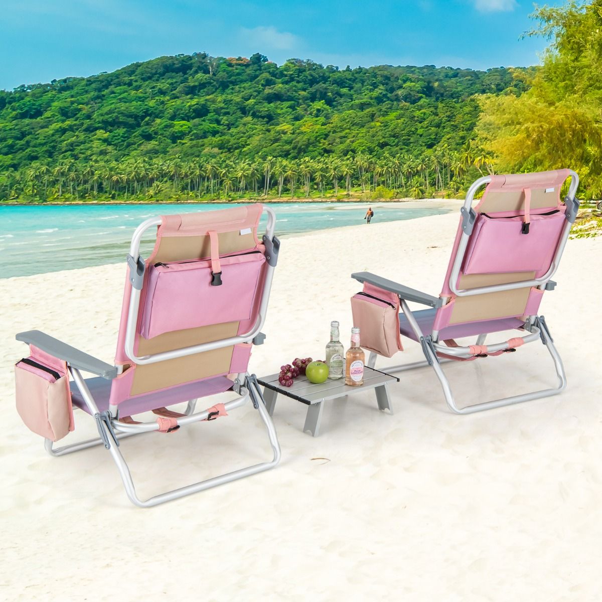 Lot de 2 Chaises de Camping Plage Pliante Table Enroulable en Aluminium Appui-tête Dossier Réglable à 5 Positions 6 Couleurs au Choix -