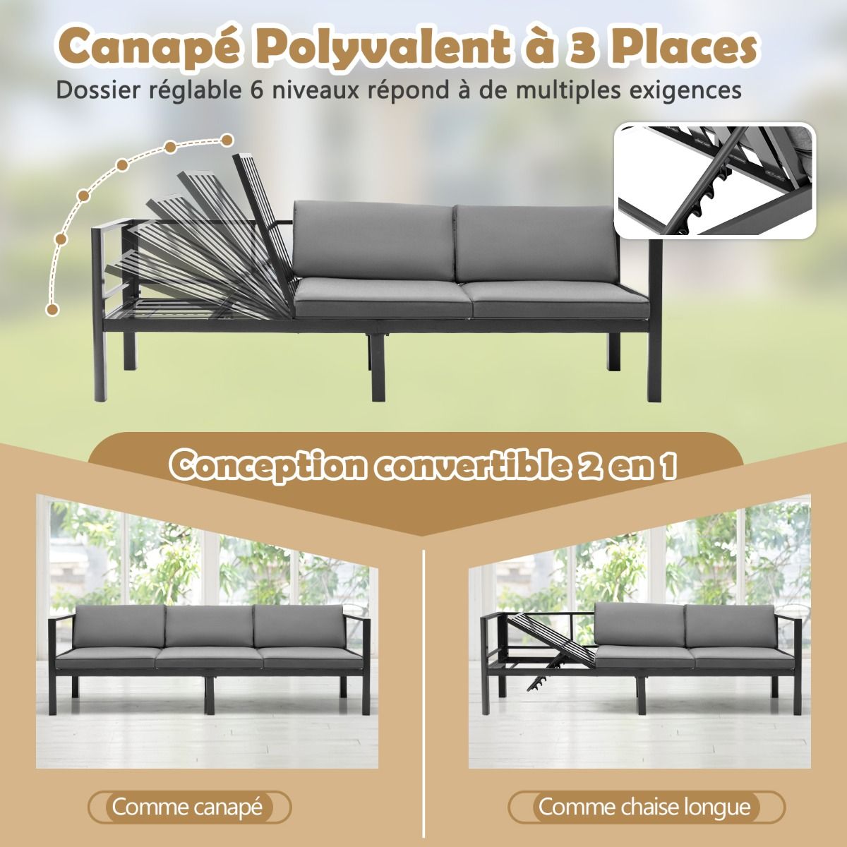 Salon de Jardin Extrieur avec Table Basse en Verre Tremp Canapavec Dossier Inclinable  6 Niveaux Coussins Inclus Gris -