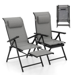 Lot de 2 Chaises Longues Pliantes et Inclinables Dossiers et Accoudoirs Réglables à 10 Niveaux Repose-Pied Rétractable Capacité 150 Kg Gris -