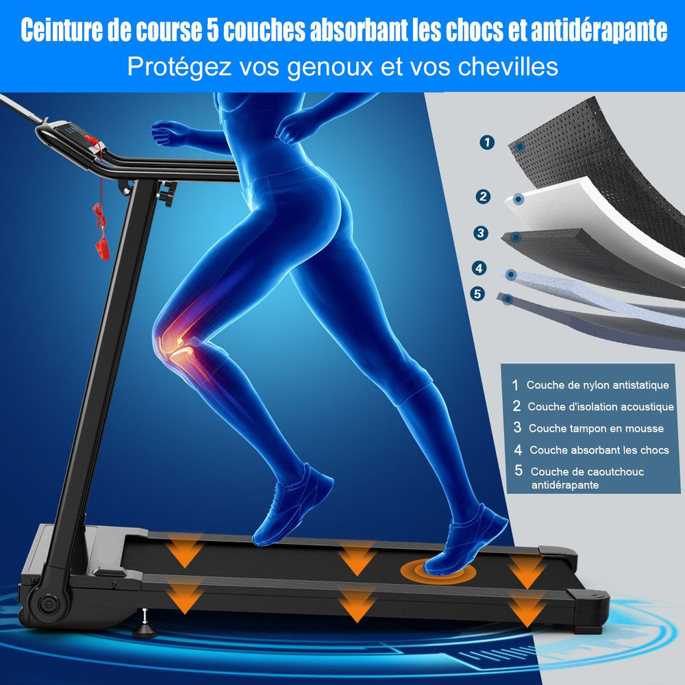 Tapis de Course/Marche Pliable 500W 12 Programmes Prdfinis 0,8-9,6 Km/h Ecran Tactile LED 4 Touches de Raccourci Noir Support pour Ipad -