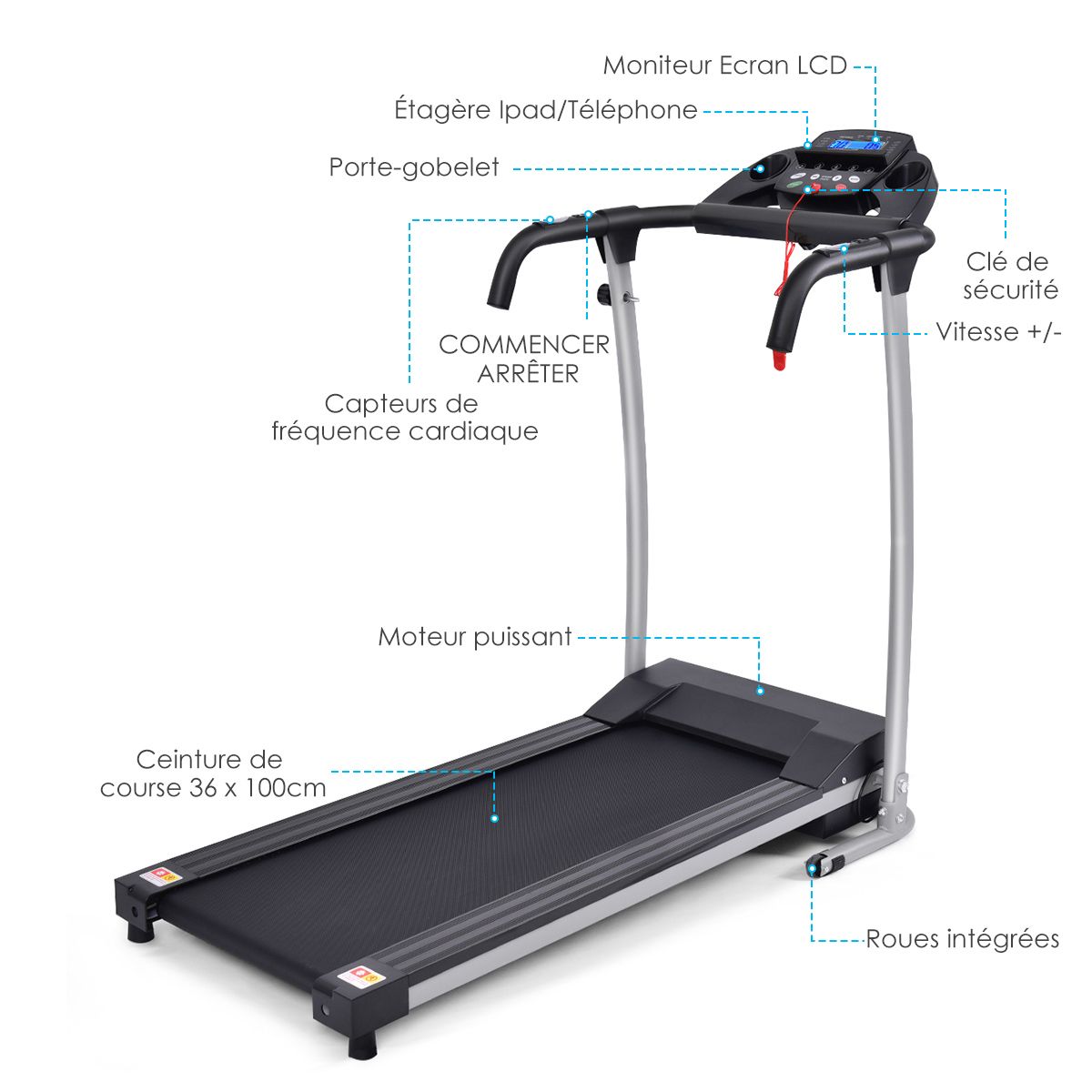 Tapis de Course lectrique Pliable avec cran et Moniteur de Frquence Cardiaque avec Vitesse de 1  10 km/h et 12 Programmes Noir -
