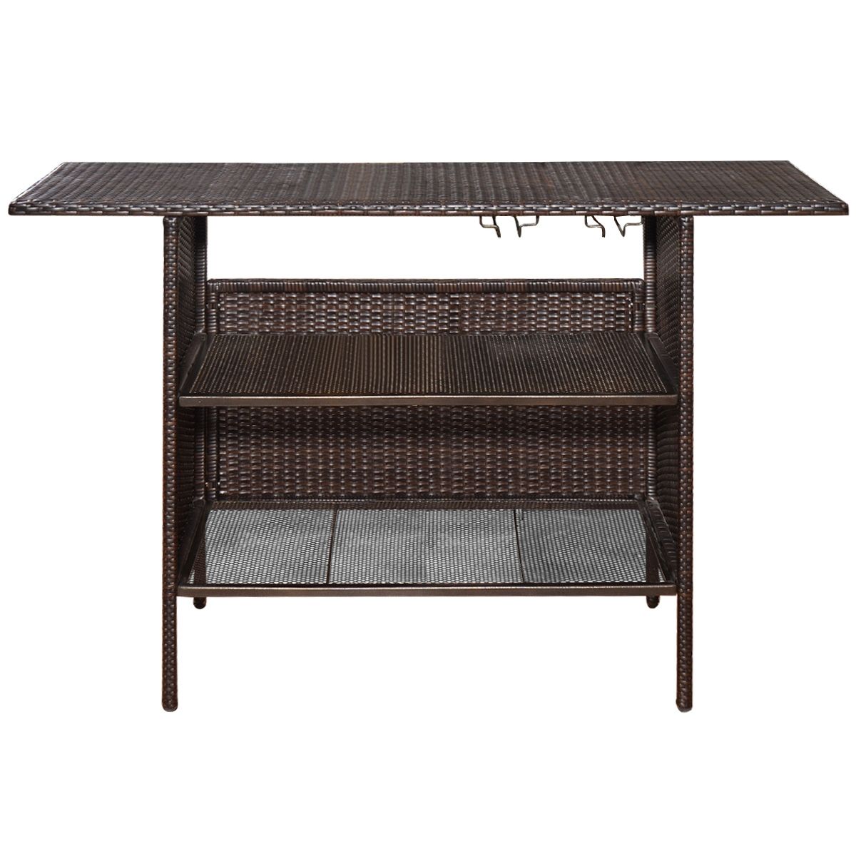 Table de Bar de Jardin en Résine Tressée avec 2 Etagères de Rangement 2 de Rails pour Porte-Verres Marron -