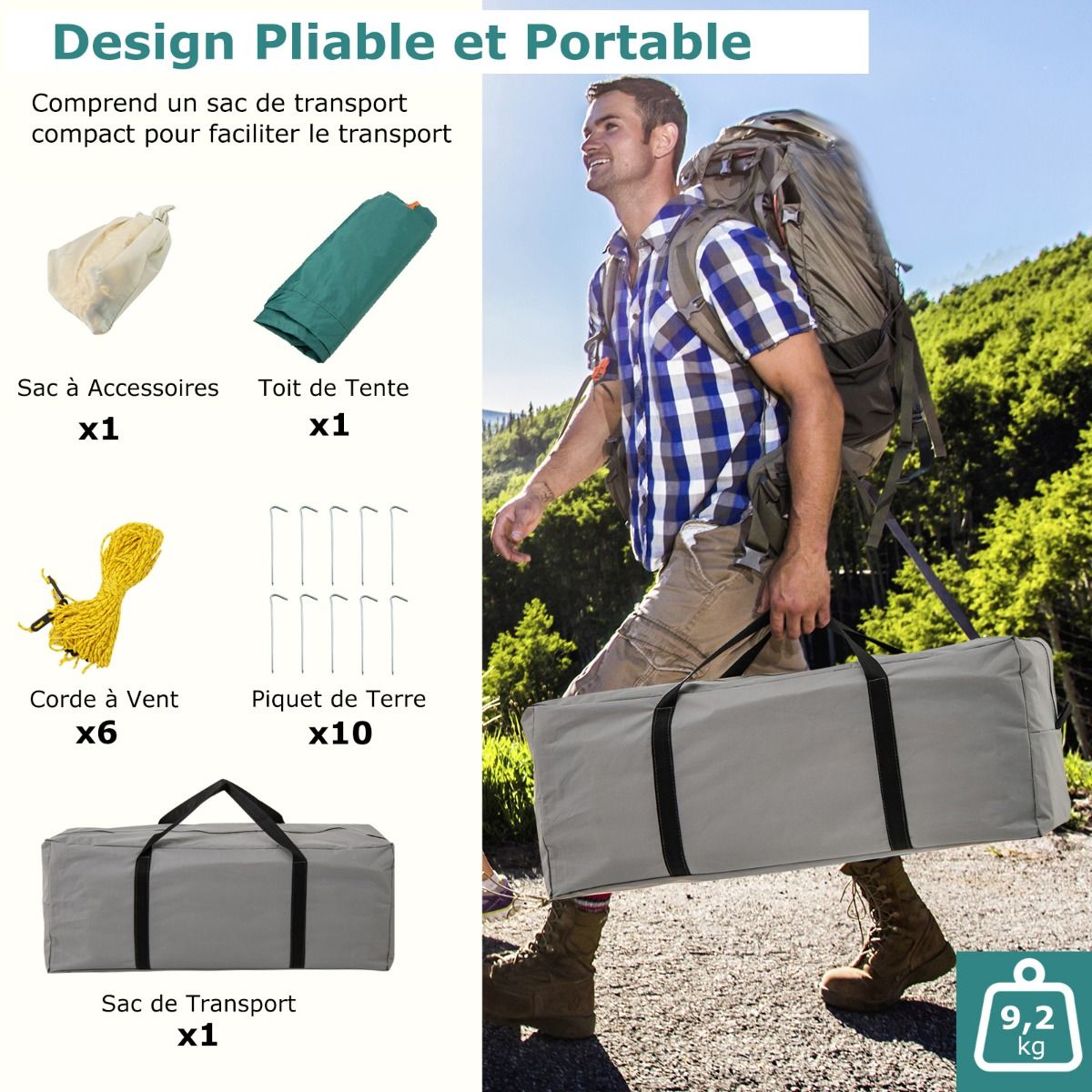 Tente de Camping pour 6/8/10 Personnes avec Auvent Grande Tente Familiale avec 2 Chambres 2 Portes 2 Fenêtres en Maille Vert -