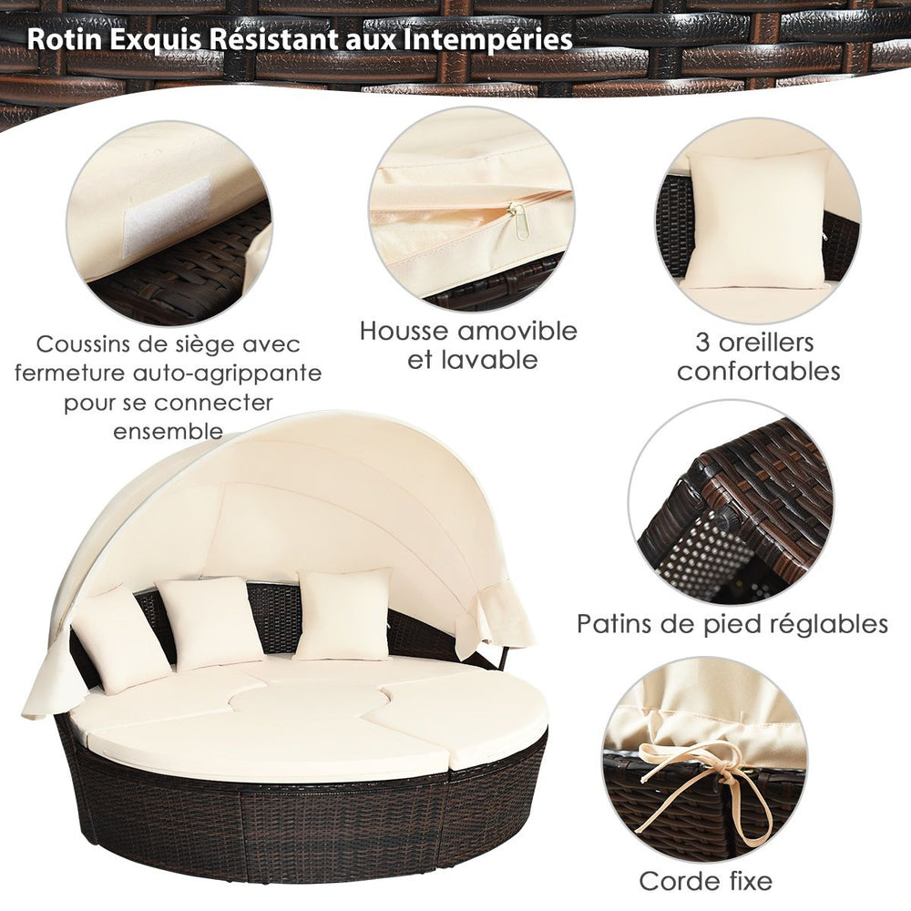 Lit de Jardin Rond d'Exterieur Table Relevable Modulable & Convertible - Pare Soleil Réglable rotin PE Coussins Inclus Beige -