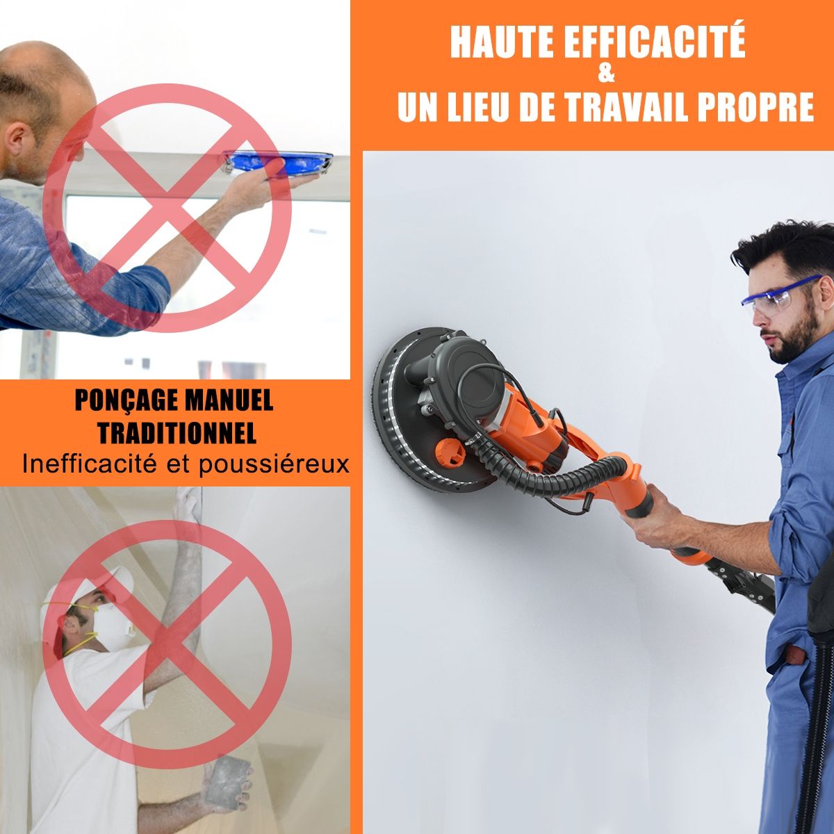 Ponceuse à Plâtre Murale 750W Ø 225mm Aluminium 6 Vitesses Variables Lumières LED Manche Télescopique 12 Disques Abrasifs -