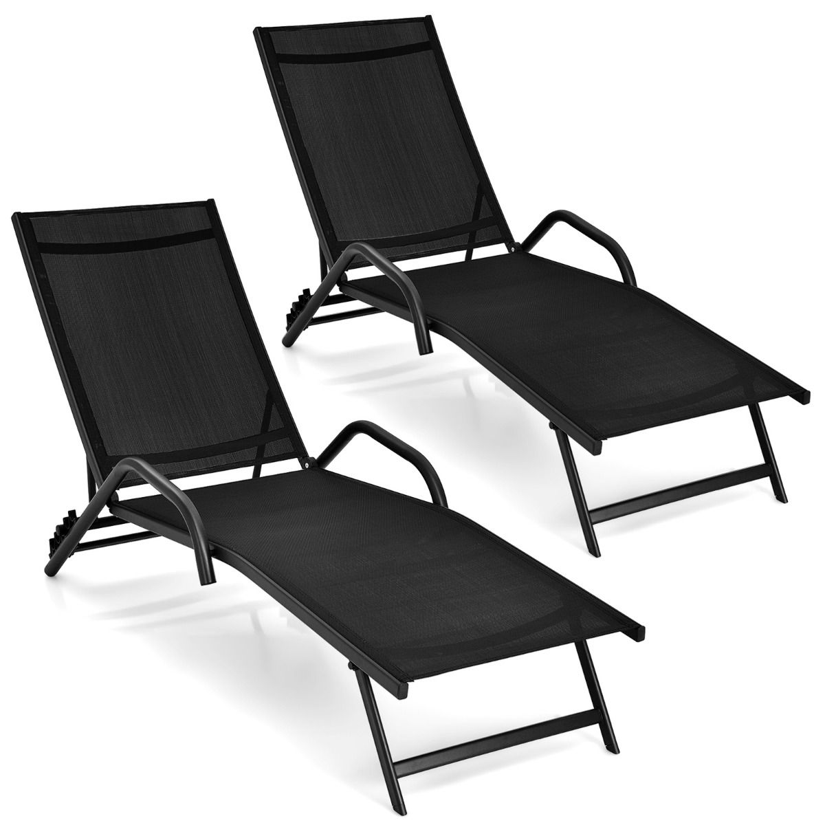 Lot de 2 Bains de Soleil Inclinables d'Extrieur avec Accoudoirs et Dossier Rglable  5 Positions Charge 160 kg Noir -