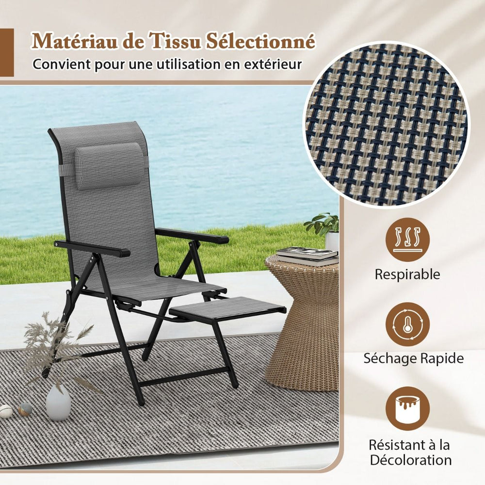 Lot de 2 Chaises Longues Pliantes et Inclinables Dossiers et Accoudoirs Réglables à 10 Niveaux Repose-Pied Rétractable Capacité 150 Kg Gris -