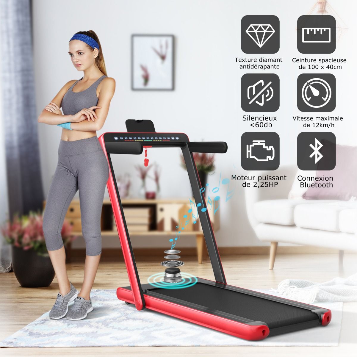 Tapis de Course Pliable 0,75HP Double Affichage LED APP et Télécommande Vitesse Motorisé 12 km/h Surface 40x100cm Rouge -