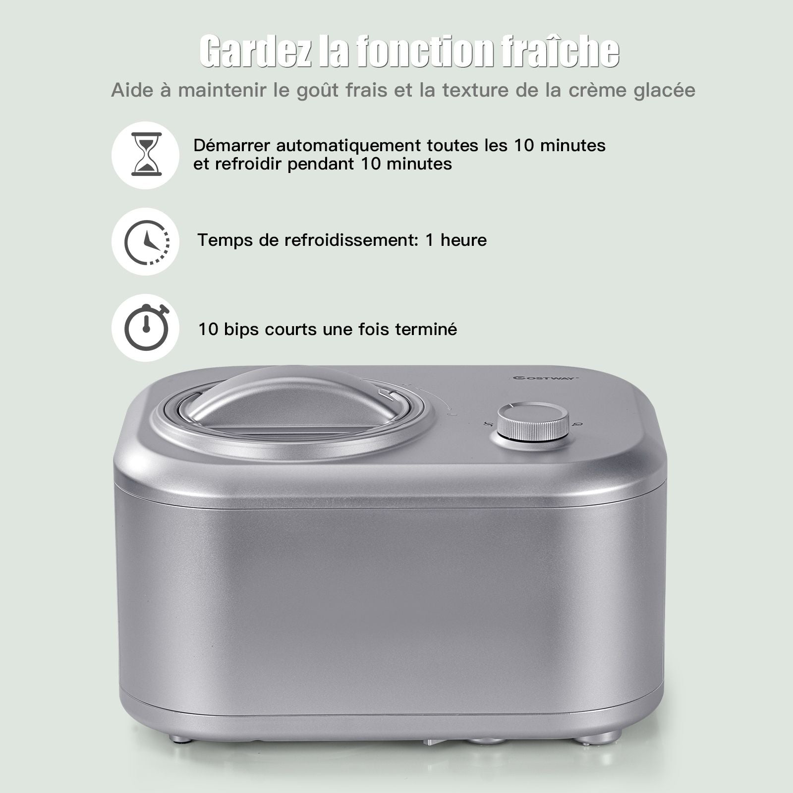Sorbetire Turbine  Glace 1L Puissance 100W  Compresseur avec Cuillre 3 Modes de Fonctionnement Argent -