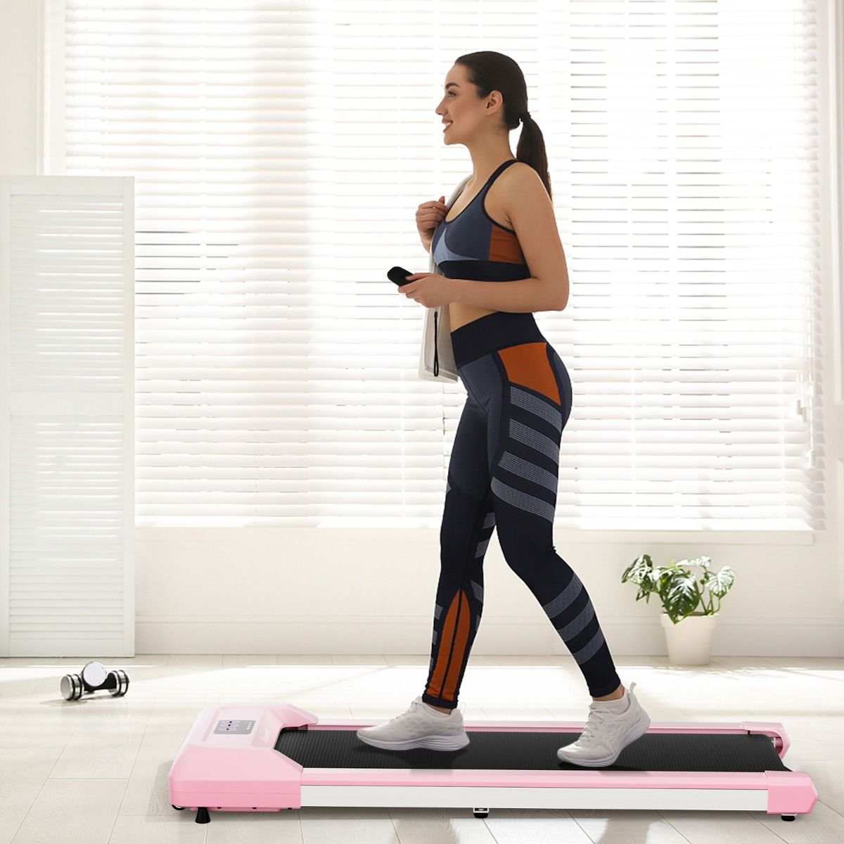 Tapis de Course Mince Tapis de Jogging avec Capacit de 120 Kg Tlcommande et cran Led Inclinable  Roulettes Tapis de Course  Glisser Gris/Noir/Rose -