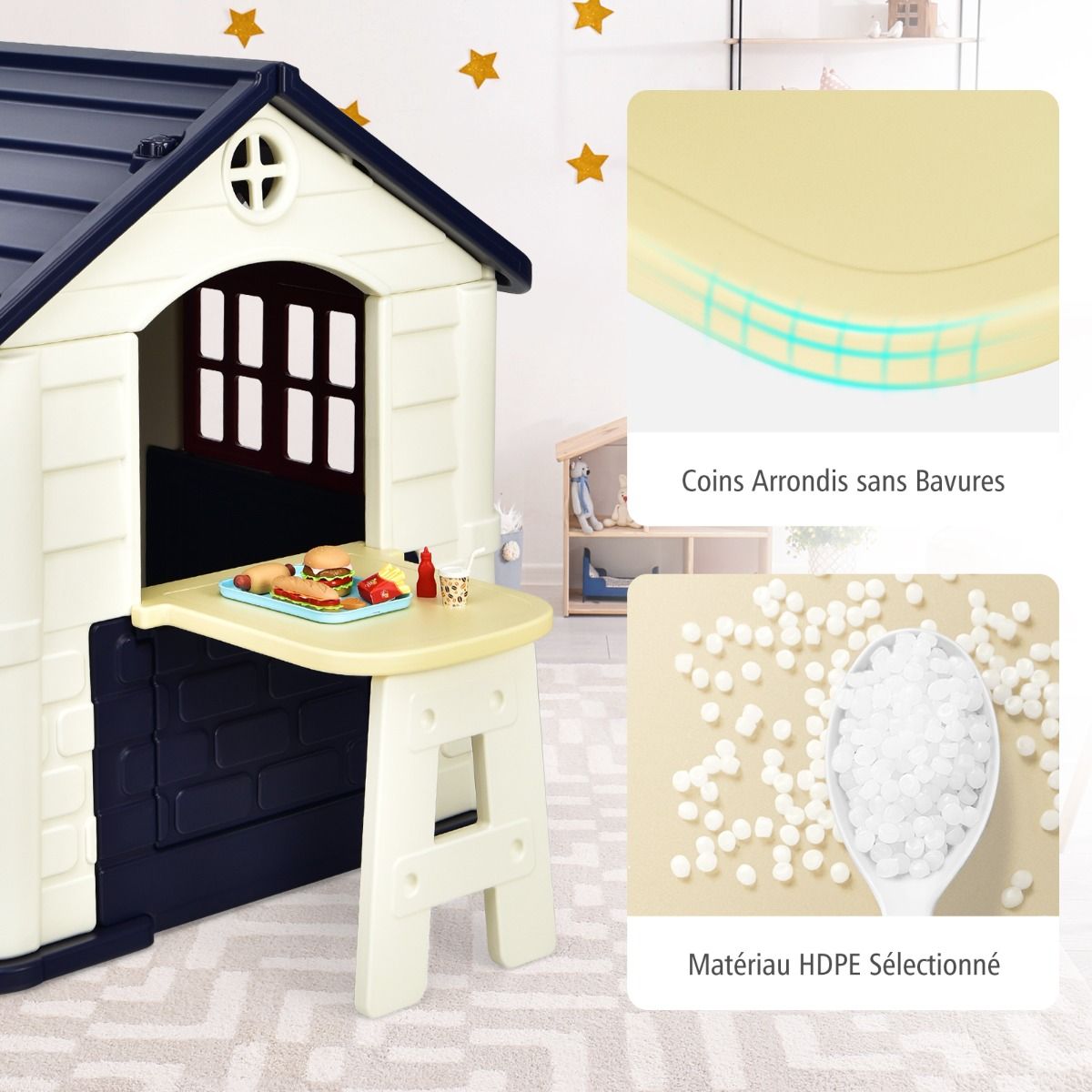 Maison Chef House -Thme Burger Bar - Table de Pique Nique Cabane de Jardin Anti-UV en Plastique 164x124x132 cm Bleu/Rose/Jaune -